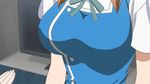  1girl animated animated_gif bouncing_breasts breast_poke breasts brown_eyes brown_hair d-frag! large_breasts poking punching solo takao_(d-frag!) tears 