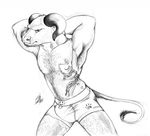 2013 abs anthro biceps bovine boxer breasts cattle clothing fur gay hair horn linaraya looking_at_viewer male mammal muscles nipples plain_background pose solo standing tattoo topless underwear white_background 