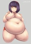  big_belly black_hair blush breasts brown_eyes covering covering_breasts fat fat_folds hairband highres iveo kneeling large_breasts looking_at_viewer navel obese original panties short_hair smile solo thighs topless underwear 