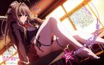  :/ absurdres amagi_brilliant_park breasts brown_hair carrying carrying_over_shoulder character_name classroom copyright_name feet feet_out_of_frame gun hair_intakes highres indoors large_breasts legs long_hair maruki_nobuaki no_shoes plaid plaid_skirt rifle school school_uniform sento_isuzu shotgun sitting skirt socks solo sunlight sweater_vest table thick_thighs thighhighs thighs toes translation_request weapon white_legwear window yellow_eyes 
