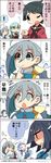  4koma 6+girls :&lt; ahoge bag bare_shoulders black_gloves black_hair blue_bow blue_hair blue_neckwear bow bowtie check_translation chestnut_mouth close-up comic dress elbow_gloves face gloves green_hair grey_hair hair_ornament hair_ribbon hairclip hayashimo_(kantai_collection) highres kantai_collection kidnapping kiyoshimo_(kantai_collection) long_hair mogami_(kantai_collection) multiple_girls mzh neckerchief o_o one_eye_closed pointing pointing_at_self ribbon sailor_dress samidare_(kantai_collection) school_uniform serafuku short_hair suzuya_(kantai_collection) sweatdrop translated translation_request twintails vest 
