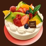  blueberry cake english flower food fruit happy_birthday highres hokkaido_(artist) melon no_humans original peach photorealistic raspberry rose strawberry 