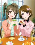  absurdres blush bow brown_eyes brown_hair cake casual coffee creamer_(vessel) detexted drink drinking_straw food hair_bow highres koizumi_hanayo love_live! love_live!_school_idol_project minami_kotori multiple_girls murota_yuuhei non-web_source official_art one_side_up open_mouth pancake pink_eyes pov_across_table scan smile third-party_edit 