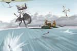  aircraft airplane bodysuit cane cape cloud cloudy_sky day fairy_(kantai_collection) flying gloves kantai_collection long_hair minase_(takaoka_nanase) multiple_girls ocean pale_skin propeller ryuusei_(kantai_collection) shinkaisei-kan silver_hair sky standing standing_on_liquid tomonaga_squadron_pilot_(kantai_collection) torpedo wo-class_aircraft_carrier 