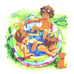  ass brown_hair closed_eyes dog genda goggles goggles_on_head hose jpeg_artifacts male_focus multiple_boys nipples nude original wading_pool water white_background 