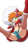  1girl ass bag breasts cape creatures_(company) eyebrows_visible_through_hair game_freak green_eyes hat holding holding_bag kasumi_(pokemon) makoto_daikichi medium_breasts midriff navel nintendo open_fly orange_hair panties panty_peek pokemon santa_costume santa_hat short_hair shorts side_ponytail simple_background solo spread_legs suspenders thighhighs tied_hair underboob underwear upshirt white_background 