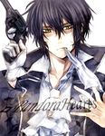  black_hair bow bowtie coat copyright_name formal gilbert_nightray gloves gun male_focus pandora_hearts removing_glove shaded_face shina-love solo trench_coat weapon yellow_eyes 