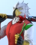  2019 3d_(artwork) avian bird digital_media_(artwork) eagle flower kreic looking_at_viewer male plant rose smile solo weapon 