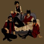  1girl 3boys alternate_costume barbara_gordon batgirl batman batman_(series) black_hair black_legwear blue_upholstery brothers bruce_wayne couch dc_comics dcau dick_grayson domino_mask family father father_and_son formal mana_(pixiv) mask multiple_boys nightwing orange_hair red_shirt robin_(dc) shirt siblings sitting tim_drake vest waistcoat 