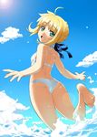  :d ahoge artoria_pendragon_(all) ass bad_anatomy bare_shoulders barefoot bikini blonde_hair cloud day fate/stay_night fate_(series) feet flat_ass from_behind green_eyes hair_ribbon leg_up looking_back namonashi ocean open_mouth ribbon saber sky smile solo sun sunlight swimsuit textless wading water white_bikini 