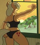  2014 anthro anthrofied applejack_(mlp) blonde_hair butt clothing cutie_mark earth_pony equine eyes_closed female freckles friendship_is_magic fur hair hi_res horse inside mammal my_little_pony open_mouth orange_fur panties pony solo strangerdanger stretching tree underwear yawn 