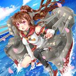  :o blurry brown_hair cloud day depth_of_field detached_sleeves hair_ornament headgear kantai_collection kneeling long_hair looking_at_viewer machinery ocean parune_chigetsu petals ponytail red_eyes sky solo turret v-shaped_eyebrows wind yamato_(kantai_collection) 