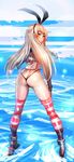  anchor_hair_ornament ass black_panties blonde_hair bow_(bhp) brown_eyes from_behind full_body hair_ornament hairband highleg highleg_panties highres kantai_collection long_hair looking_back no_pants panties shimakaze_(kantai_collection) solo standing standing_on_liquid striped striped_legwear thighhighs thong underwear water 
