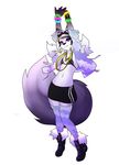  2014 black_fur black_hair boots bracelet canine clothing eyewear fangdangler fox fur girly goggles hair jacket jewelry looking_at_viewer male mammal multi-colored_hair plain_background purple_eyes skirt smile socks solo standing stretching white_background white_hair 