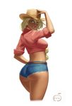  applejack ass blonde_hair blue_eyes blush breasts cowboy_hat cropped_legs dark_skin denim denim_shorts green_eyes hat large_breasts long_hair looking_at_viewer lvl_(sentrythe2310) my_little_pony my_little_pony_friendship_is_magic personification short_shorts shorts smile solo tan 