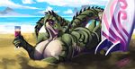  2014 absurd_res beach big_breasts blue_sky breasts dinosaur djpuppeh female hi_res lying nude on_stomach sand sauropod scalie sea seaside smile solo surfboard water 
