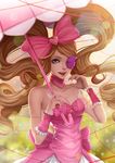  artist_name bare_shoulders big_hair blonde_hair blue_eyes bow breasts cleavage dress drill_hair eyepatch facebook_username hair_bow harime_nui holding holding_umbrella kill_la_kill large_bow life_fiber lips long_hair looking_at_viewer magion02 medium_breasts nose parasol pink_bow pink_dress pink_umbrella smile solo strapless strapless_dress twin_drills umbrella very_long_hair watermark web_address wrist_cuffs 