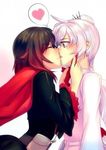  bakki blue_eyes brown_hair cape closed_eyes commission downscaled heart kiss md5_mismatch multicolored_hair multiple_girls red_hair resized ruby_rose rwby scar spoken_heart tiara two-tone_hair weiss_schnee white_hair yuri 