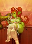  balls bar big_penis breasts chair collar corset cum cum_on_breasts cum_on_face duo female goblin handjob joixxx nipple_chain nude penis penis_grab pigtails sparkshine_(character) 