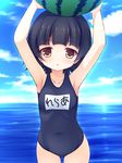  arare_(kantai_collection) arms_up black_hair brown_eyes cloud day food fruit kantai_collection ocean one-piece_swimsuit outdoors school_swimsuit short_hair sky solo swimsuit watermelon yuku_(kiollion) 