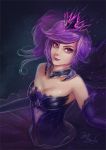  breasts cleavage crown dark_elementalist_lux dress elbow_gloves elementalist_lux gloves highres league_of_legends luxanna_crownguard purple_dress purple_eyes purple_hair purple_lips side_ponytail signature strapless strapless_dress tmiracle 