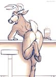  2014 adam_wan antlers bar bent_over butt cervine cloven_hooves deer hindpaw horn jaiy looking_at_viewer looking_back male mammal nude paws restricted_palette sketch solo 