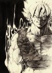  aura blood dragon_ball dragon_ball_z evil_smile graphite_(medium) hair_up koki_(ryoushikiha) male_focus manly monochrome muscle sketch smile solo son_gokuu super_saiyan torn_clothes traditional_media yellow 