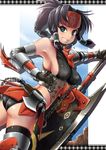  armor ass axe black_hair breasts kuroobi_(armor) large_breasts looking_at_viewer monster_hunter pochi_(pochi-goya) sideboob smile solo sword weapon 