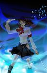  armband evoker gun holster kirijou_mitsuru persona persona_3 red_hair ribbon school_uniform skirt solo sword weapon yoshida_shiro 