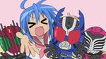  &gt;_&lt; 3boys ahoge closed_eyes crossover gangado izumi_konata kamen_rider kamen_rider_dcd kamen_rider_decade kamen_rider_gatack kamen_rider_kabuto_(series) kamen_rider_raia kamen_rider_ryuki_(series) lucky_star mole mole_under_eye motteke!_serafuku multiple_boys namesake parody 