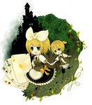  1girl bad_id bad_pixiv_id blonde_hair boots brother_and_sister card castle chibi club_(shape) diamond_(shape) dress floating_card forest green_eyes hair_ornament hair_ribbon hairclip heart hitobashira_alice_(vocaloid) holding_hands kagamine_len kagamine_rin mikanniro nature path ribbon road short_hair siblings spade_(shape) twins vocaloid 