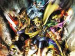  3boys bat blue_hair cape everyone gerald_(golden_sun) golden_sun ivan_(golden_sun) mary_(golden_sun) multiple_boys official_art robin_(golden_sun) roc_(golden_sun) staff sword weapon 