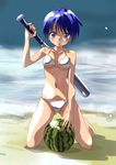  bad_id bad_pixiv_id baseball_bat beach bikini blue_hair copyright_request day food fruit jingorou purple_eyes short_hair solo suikawari swimsuit watermelon 