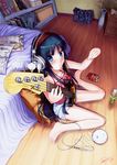  akg akiyama_mio barefoot bass_guitar bedroom bedside blue_eyes blue_hair book bottle casual discman dopollsogno error feet food foreshortening headphones highres indoors instrument k-on! long_hair magazine pillow plectrum pocky shelf solo tank_top tea toes typo 