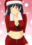  amagami black_eyes black_hair blush breasts cleavage hat large_breasts midriff navel santa_costume santa_hat shouji_nigou solo tsukahara_hibiki 