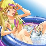  bikini bikini_top blonde_hair blue_eyes braid bucket food hair_ornament hairclip ice katsuragi_yako licking long_hair majin_tantei_nougami_neuro popsicle single_braid solo suika_(suika-dokei) summer swimsuit wading_pool wet 