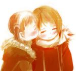  blush closed_eyes coat copyright_request kiss monochrome multiple_girls orange_(color) short_hair twintails yuri zakka 