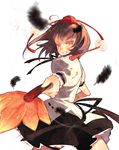  blurry brown_hair colored_eyelashes depth_of_field domotolain eyelashes fan feathers foreshortening grin hat hauchiwa highres looking_at_viewer looking_back orange_eyes petticoat shameimaru_aya short_hair skirt smile solo tokin_hat touhou 