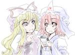  blonde_hair game_boy handheld_game_console hat milksea multiple_girls pink_eyes pink_hair playing_games purple_eyes saigyouji_yuyuko touhou video_game yakumo_yukari 