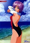  90s beach competition_swimsuit day kokura_masashi official_art one-piece_swimsuit purple_hair scan shirt_lift solo swimsuit tokimeki_memorial tokimeki_memorial_2 undressing yae_kaori 