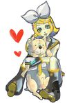  aqua_eyes bad_id bad_pixiv_id biting blonde_hair cosplay dante_itou dog ear_biting hair_ornament hair_ribbon hairclip headphones heart kagamine_len kagamine_len_(cosplay) kagamine_rin mouth_hold necktie ribbon sailor_collar short_hair siblings sitting solo twins vocaloid 