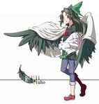  alternate_costume aya_shachou bad_id bad_pixiv_id black_hair black_wings bow casual character_name contemporary eyes feathers green_bow hair_bow jacket long_hair no_socks red_eyes reiuji_utsuho solo touhou white_background wings 