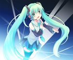  aqua_eyes aqua_hair aqua_nails bare_shoulders detached_sleeves hatsune_miku headphones headset long_hair millipen_(medium) mixed_media music nail_polish necktie singing skirt smile solo tachitsu_teto thighhighs traditional_media twintails vocaloid zettai_ryouiki 