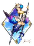  armor armored_dress banned_artist blue_eyes boots character_name choker crown gwendolyn multicolored multicolored_wings odin_sphere polearm spear thigh_boots thighhighs weapon white_hair wings xil 