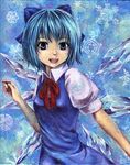  blue_eyes blue_hair cirno dress hair_ribbon kabaji oil_painting_(medium) ribbon solo touhou traditional_media wings 