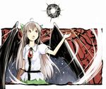  :o ahoge arms_up black_sun black_wings bowed_wings brown_hair long_hair looking_up open_mouth pink_eyes red_eyes reiuji_utsuho sergei_(pattundo) silver_hair solo sun touhou wings 