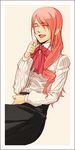  happy kirijou_mitsuru laughing long_hair persona persona_3 red_hair ribbon sitting smile solo yoshida_shiro 