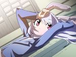  animal_ears blazer bunny_ears dutch_angle face hand_on_forehead jacket looking_at_viewer lying on_back on_floor pink_eyes reisen_udongein_inaba shading_eyes shokkin solo tatami touhou 