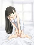  bed black_hair breasts chemise cleavage green_eyes highres kneeling large_breasts long_hair non-web_source solo strap_slip window 