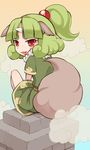  animal_ears bad_id bad_pixiv_id emdo_(norabbit) eyebrows fang green_hair horn ikoma looking_back open_mouth original ponytail red_eyes sitting solo tail 